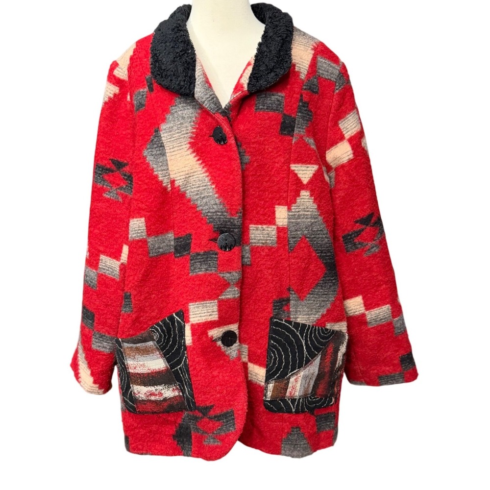 Vintage Wraps By Canvasbacks Coat XL Red Aztec Southwestern Blanket Jacket Boho